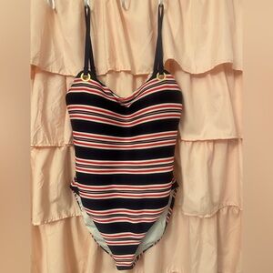 La Blanca Chic Blue, White & Red Striped One-Piece Swimsuit/Bodysuit, Like New!